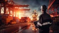 Logistics engineer control at the port, loading containers for trucks export and importing logistic