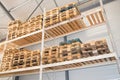 Logistics hangar warehouse with lots shelves racks with pallets