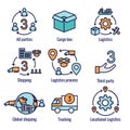 Logistics icon set with buildings, trucking, people & shipping box