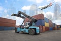 Logistics import export background and transport industry of forklift handling container Royalty Free Stock Photo