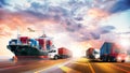 Logistics import export of containers cargo freight ship, truck transport with red container on highway at port cargo shipping Royalty Free Stock Photo