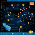 Logistics infographic of cargo ships with route of delivery. World map America.