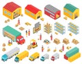 Logistics isometric icons set with cargo trucks, buoldings, warehouses and people symbols isolated vector illustration. Royalty Free Stock Photo