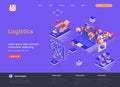 Logistics isometric landing page. Express delivery service, global freight shipping, warehousing and distribution isometry web