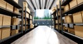 Logistics and merchandise warehouse with parcel shelves for shipment. Concept of business, commerce and distribution