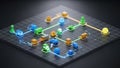 Logistics network visualization with toy trucks and pawns on a grid supply chain model Royalty Free Stock Photo