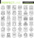Logistics outline mini concept symbols. Modern stroke linear style illustrations set. Logistic transportation perfect