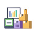 Logistics Performance and Data Visualization with Parcels and Digital Devices, Flat Style Royalty Free Stock Photo