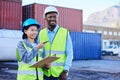 Logistics, planning and employees talking about cargo delivery while working together at a port. Industrial team Royalty Free Stock Photo