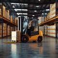 Logistics prowess Forklift efficiently loads pallets and boxes in warehouse