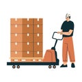 Logistics Service Man Worker Character in Orange Uniform with Forklift Vector Illustration