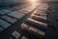 logistics sorting center warehouse with boxes in morning sunlight, Generative AI