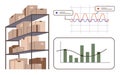Warehouse Inventory Management and Analytics Concept with Boxes on Shelves, Graphs, and Data Charts Royalty Free Stock Photo