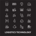 Logistics technology editable line icons vector set on black background. Logistics technology white outline