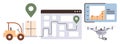 Logistics Technology with Map Routing, Analytics, and Automation Featuring Forklift and Quadcopter Delivery Royalty Free Stock Photo