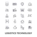 Logistics technology, transport, supply chain, delivery system, warehouse, cargo line icons. Editable strokes. Flat