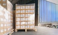 Cargo freight, Shipment, Delivery service. Warehouse docks. Stacked package boxes on pallet waiting to load into container truck.