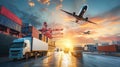 Logistics transportation commerce network of planes cargo ships and trucks in international port Royalty Free Stock Photo
