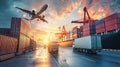 Logistics transportation commerce network of planes cargo ships and trucks in international port Royalty Free Stock Photo