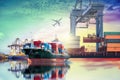 Logistics and transportation of Container Cargo ship and Cargo plane with working crane bridge in shipyard Royalty Free Stock Photo