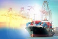 Logistics and transportation Container Cargo ship and Cargo plane with working crane bridge in shipyard background Royalty Free Stock Photo