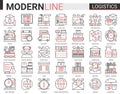 Logistics transportation, delivery service complex line icon vector illustration set. Red black thin linear delivering