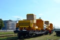 Logistics transportation heavy mining dump truck by rail. Royalty Free Stock Photo