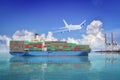 Logistics and Transportation of international Container Cargo ship and cargo air plane Royalty Free Stock Photo