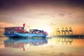 Logistics and transportation of International Container Cargo ship and cargo plane in the ocean at sunset sky Royalty Free Stock Photo