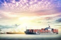 Logistics and transportation of international container cargo ship and cargo plane with ports crane bridge in harbor at sunset Royalty Free Stock Photo