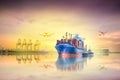 Logistics and transportation of international container cargo ship and cargo plane with ports crane bridge in harbor at sunset