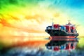 Logistics and transportation of International Container Cargo ship in the ocean at sunset time, Freight Transportation, Shipping, Royalty Free Stock Photo