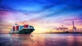 Logistics and transportation of International Container Cargo ship in the ocean at twilight sky, Freight Transportation, Shipping Royalty Free Stock Photo