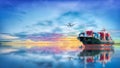 Logistics and transportation of International Container Cargo ship and cargo plane in the ocean at twilight sky Royalty Free Stock Photo