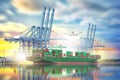 Logistics and transportation of International Container Cargo ship and Cargo plane with ports crane bridge in harbor Royalty Free Stock Photo