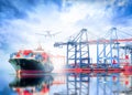 Logistics and transportation of International Container Cargo ship and Cargo plane with ports crane bridge in harbor Royalty Free Stock Photo