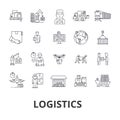 Logistics, transportation, warehouse, supply chain, truck, distribution, ship line icons. Editable strokes. Flat design