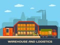 Logistics and warehouse building with trucks and