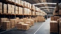 Logistics warehouse shelves with stacked cardboard boxes