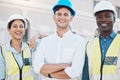 Logistics worker, architect and manager portrait working on construction site, happy with architecture partnership and Royalty Free Stock Photo