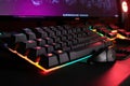 Logitech g502 hero gaming mouse red illuminated gaming keyboard, close shot devices play pc Verona, 080221 Royalty Free Stock Photo