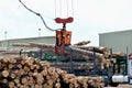 Loglift crane offloading log truck Royalty Free Stock Photo
