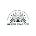 retro logo green peacock for wellness center and chiropractic with leaf as feather vector