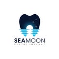 Seamoon dental implant logo with sceen sea and reflection of moon make tooth implant vector Royalty Free Stock Photo