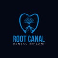 Root canal dental implant logo, strong tree and silhouette tooth vector