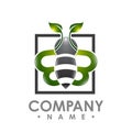 logo abstract bee flying with green leaf wing inside aquare shape