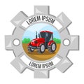 Logo for agriculture company. Red tractor on field during cultivation work inside cogwheel - vector image Royalty Free Stock Photo