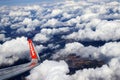 Logo on airplane wing of Easyjet airplane flying above the clouds Royalty Free Stock Photo