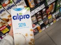 Logo of Alpro on a carton bottle of their soy milk for sale in Belgrade.