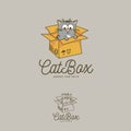 Logo for the animal shelter, store goods for pets. Delivery. Cute cat in the box as book post.